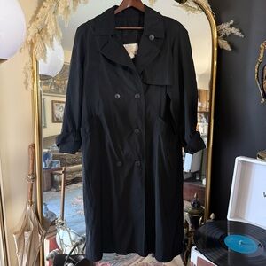 New York Harbor Vintage Long Black Trench Coat with Collar & Back Storm Flap